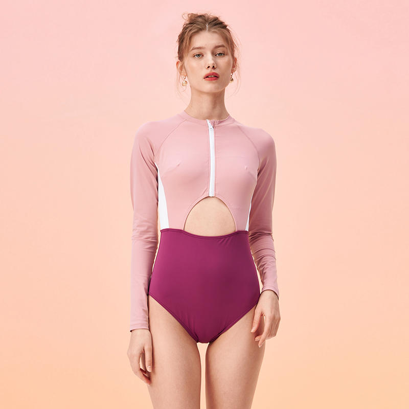 Long-sleeved round neck hollow color blocking one-piece swimsuit