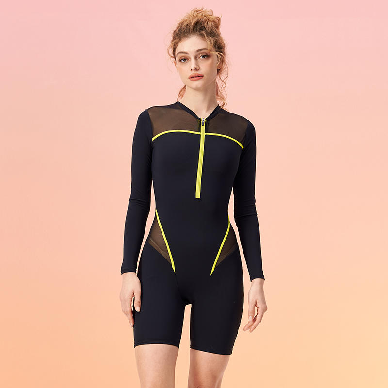 See-through conservative long-sleeved high-collar one-piece swimsuit