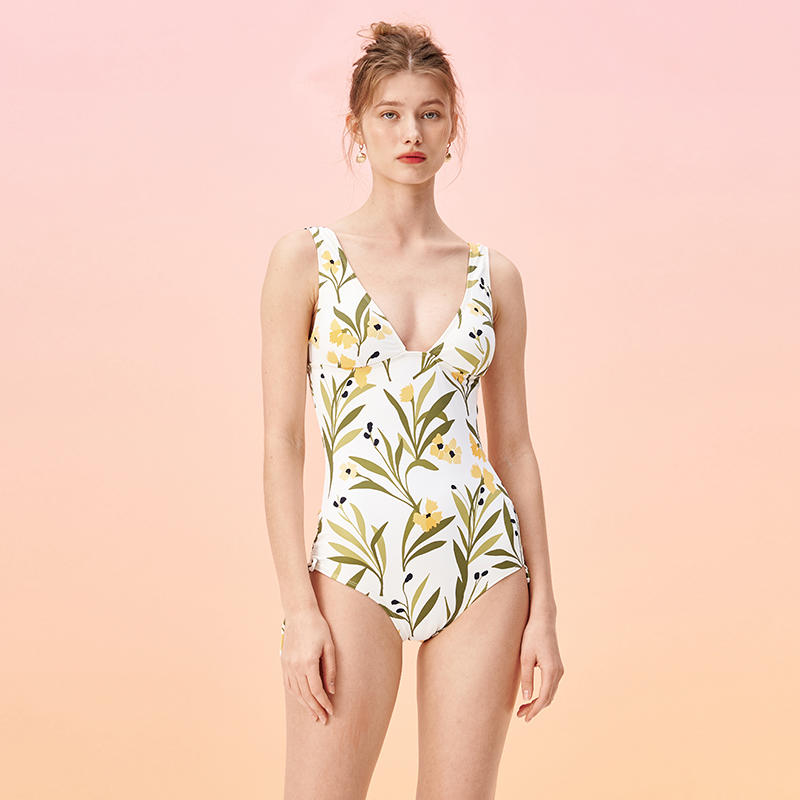 Deep v wide straps floral one-piece swimsuit